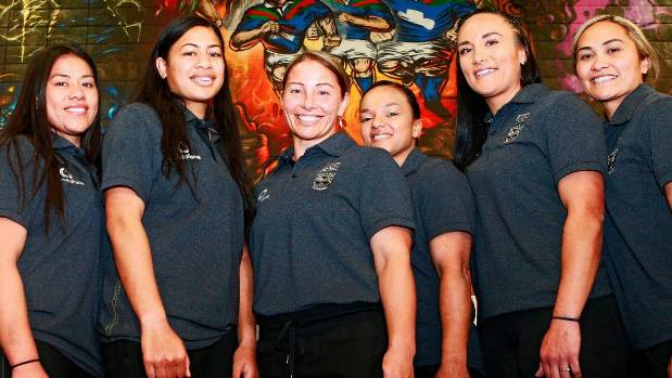 Lorina Papali'i, third from left, and some of her Warriors' team-mates at the squad announcement at Mt Smart.